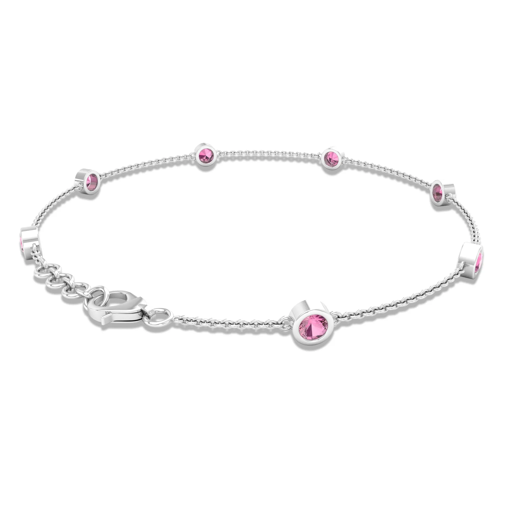 0.75 CT Bezel Set Pink Tourmaline Seven Stone Station Chain Bracelet