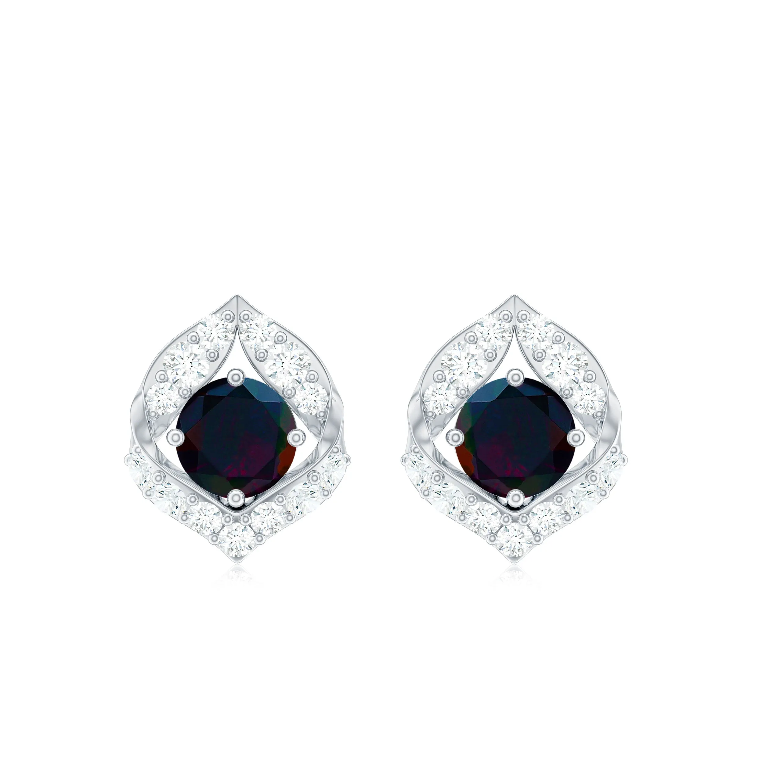 1 CT Natural Black Opal Stud Earrings with Diamond