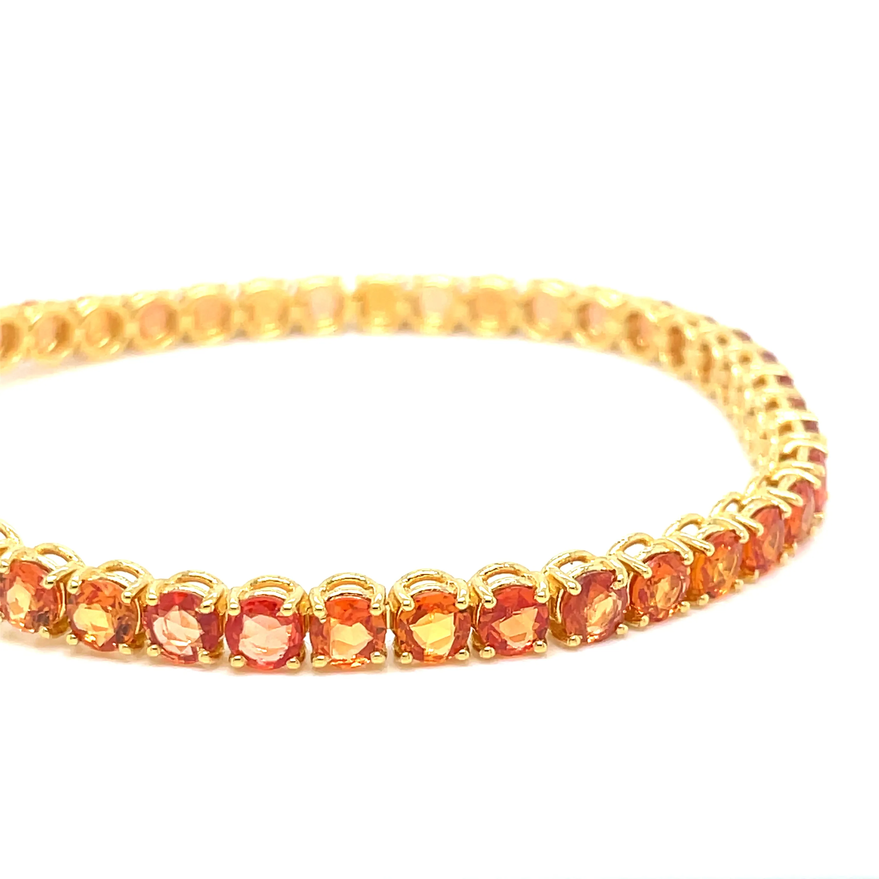 11 Carat Natural Padparadsha Sapphire Yellow Gold Tennis Bracelet