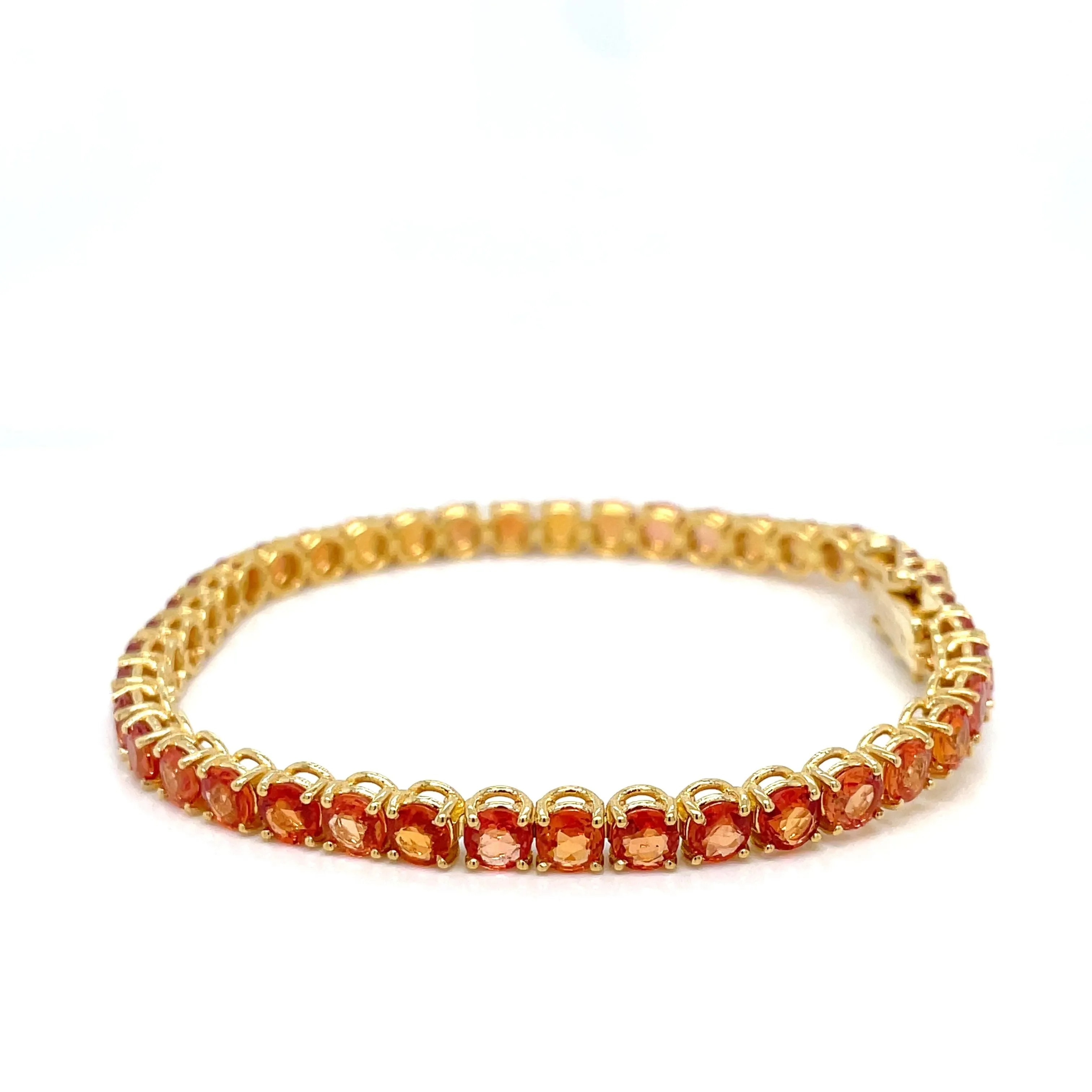 11 Carat Natural Padparadsha Sapphire Yellow Gold Tennis Bracelet