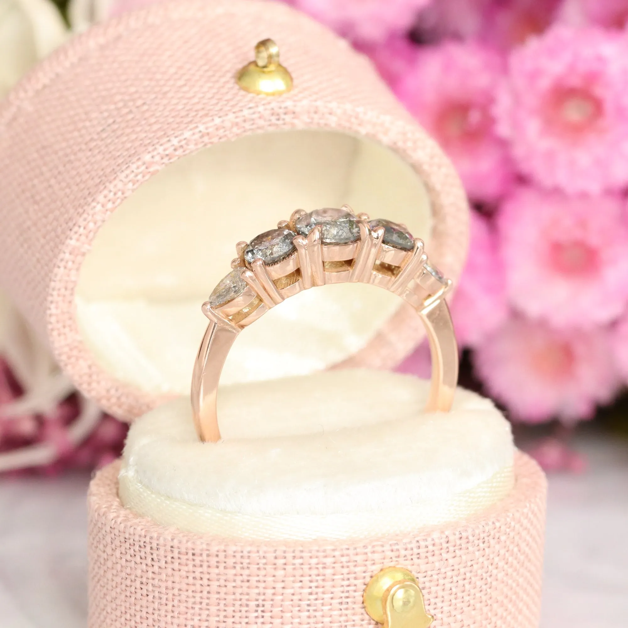 1.33 Ct Salt and Pepper Diamond Ring in 14k Rose Gold 5 Stone Cluster Ring Size 6.5