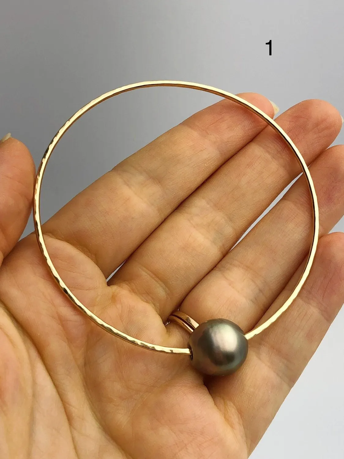 14K Gold Filled Single Tahitian Pearl Bangle Bracelets , Size Large, 13-14mm Pearls (789 No. 1-5)