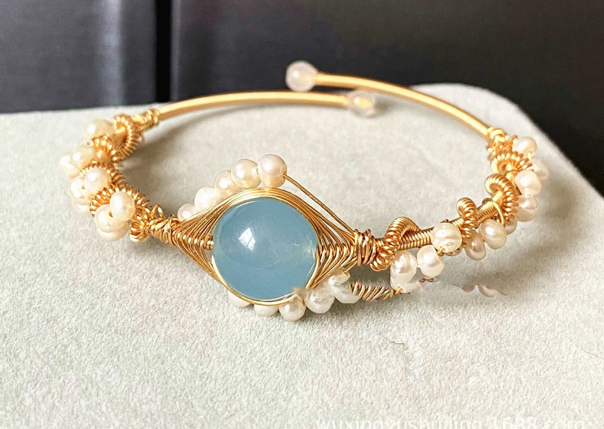 14K Gold Wrapped Sapphire Natural White Pearl Bracelet