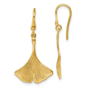 14K Polished and Textured Large Textured Gingko Leaf Dangle Earrings