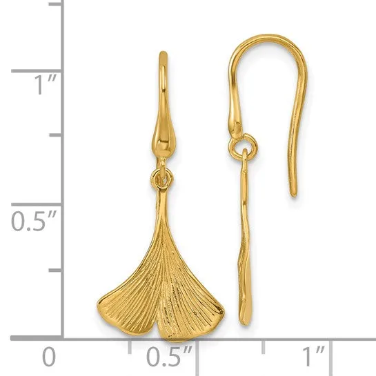 14K Polished and Textured Large Textured Gingko Leaf Dangle Earrings