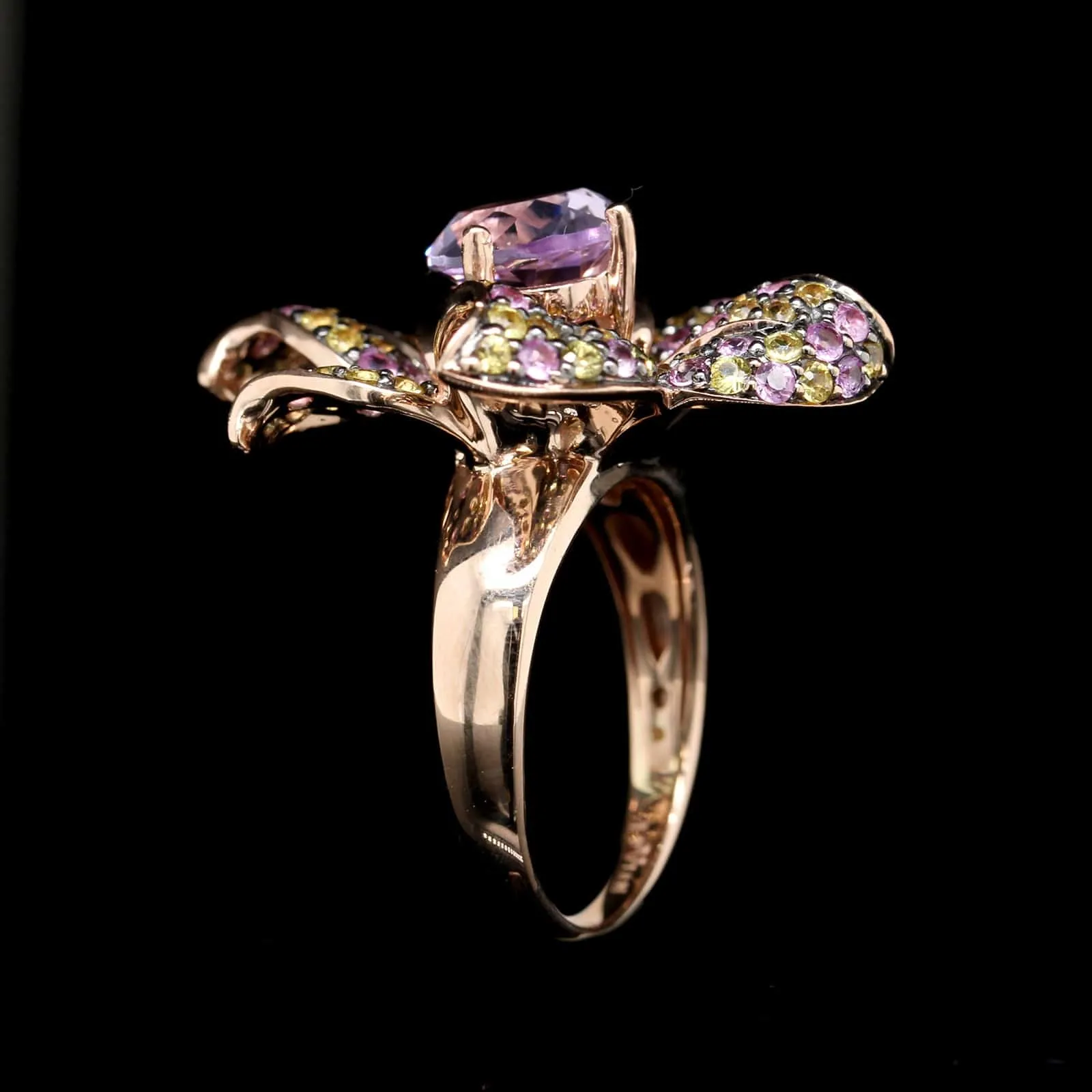 14K Rose Gold Estate Kunzite and Colored Sapphire Flower Ring