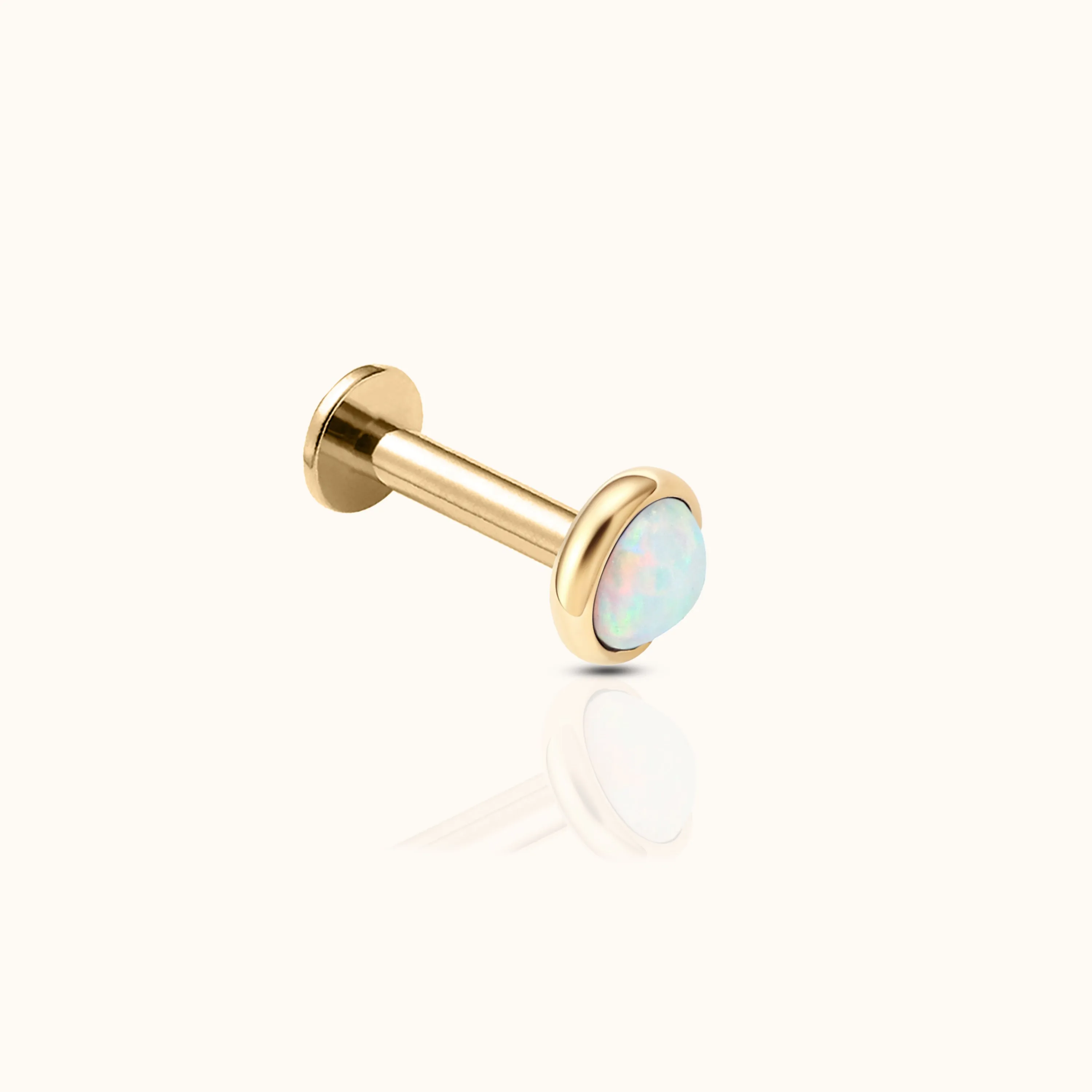 14K Solid Gold 3mm Opal Bezel Set Threadless Labret Flat Back Earring