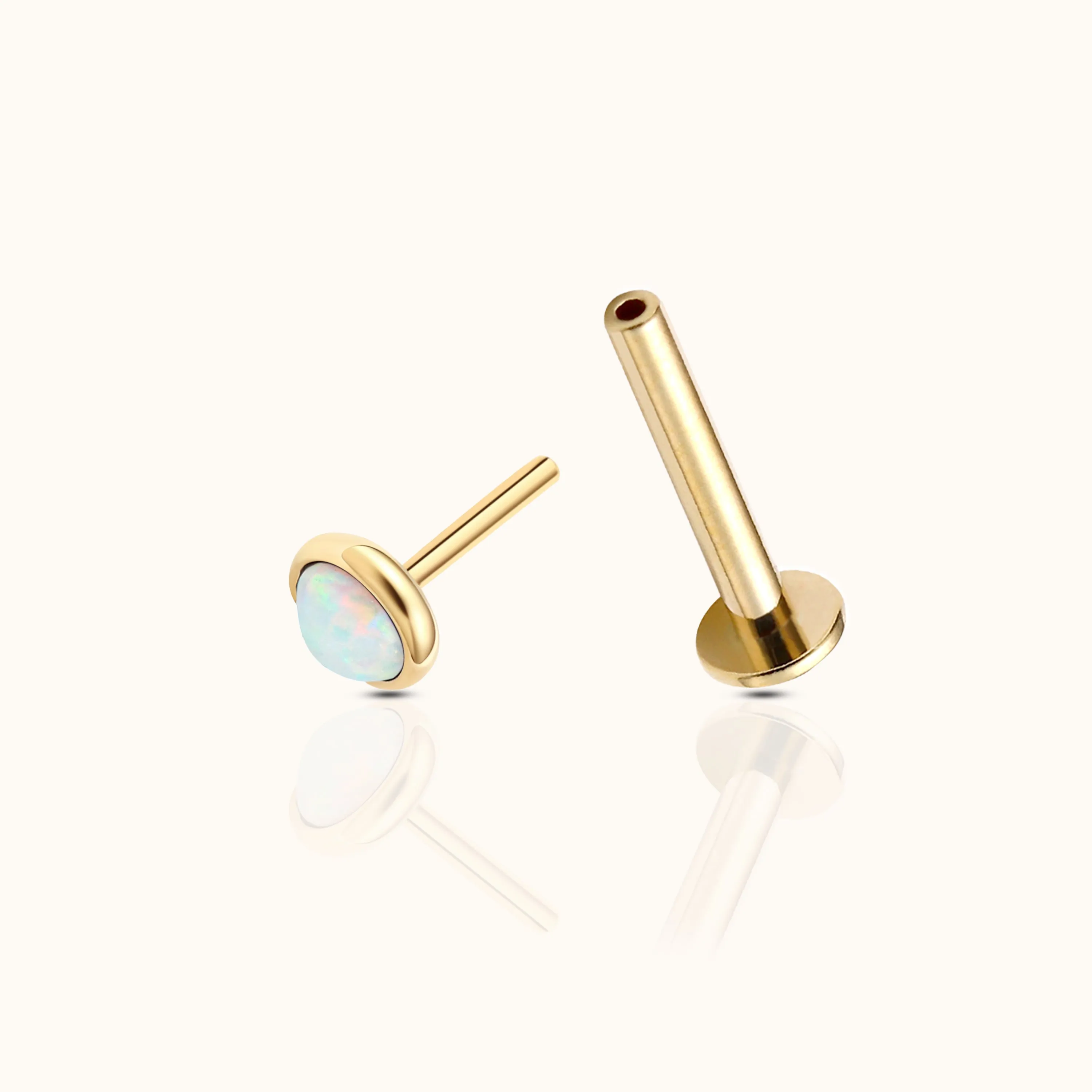 14K Solid Gold 3mm Opal Bezel Set Threadless Labret Flat Back Earring