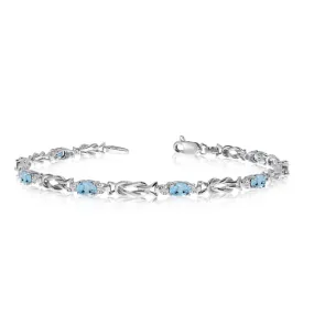 14K White Gold Oval Aquamarine Stones And Diamonds Tennis Bracelet, 7"