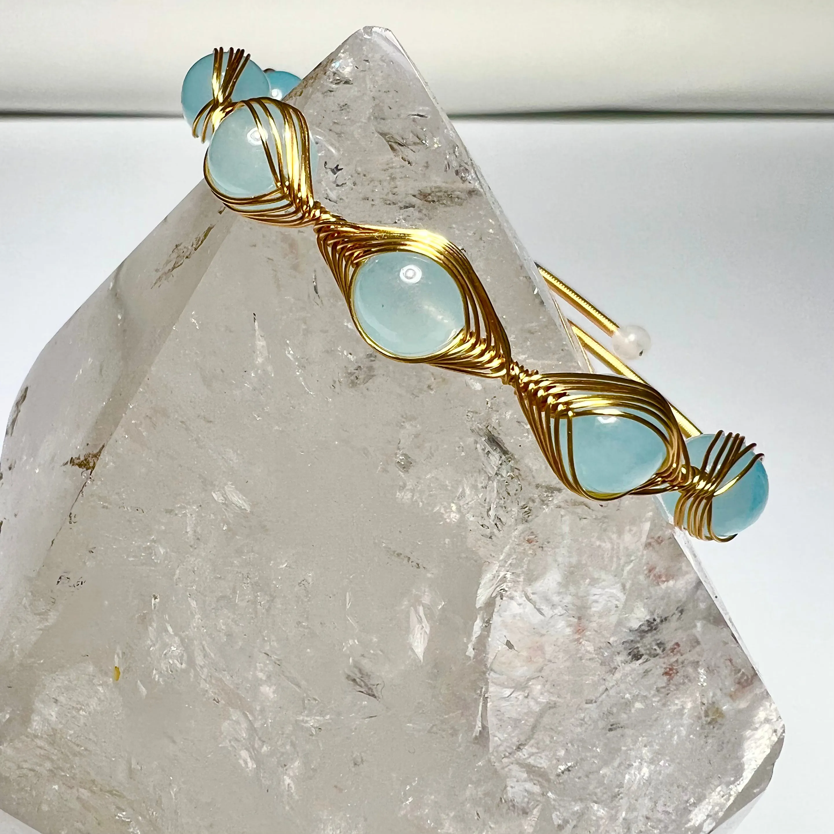 14K Wire Wrapped Aquamarine Bead Cuff Bangle Bracelet