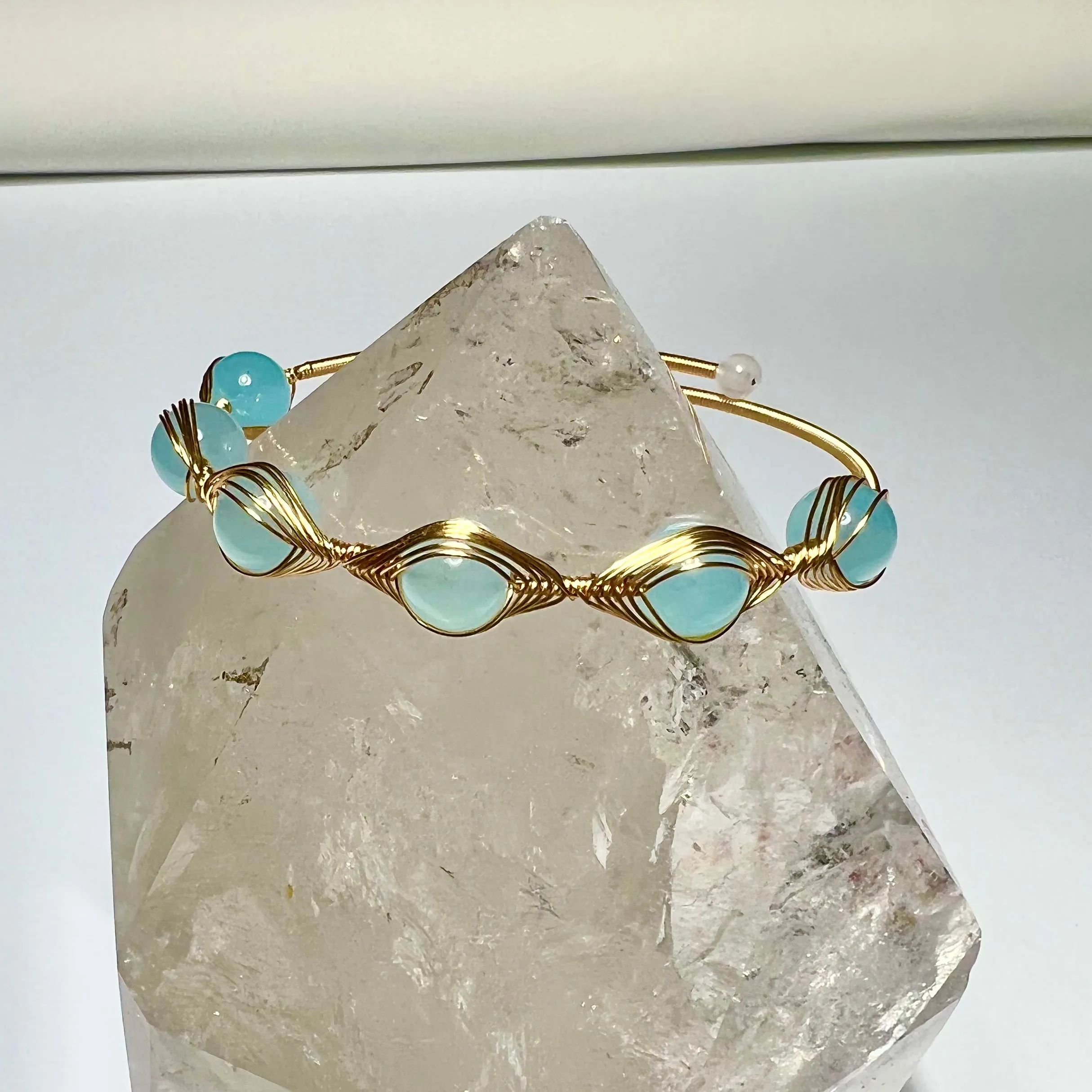 14K Wire Wrapped Aquamarine Bead Cuff Bangle Bracelet