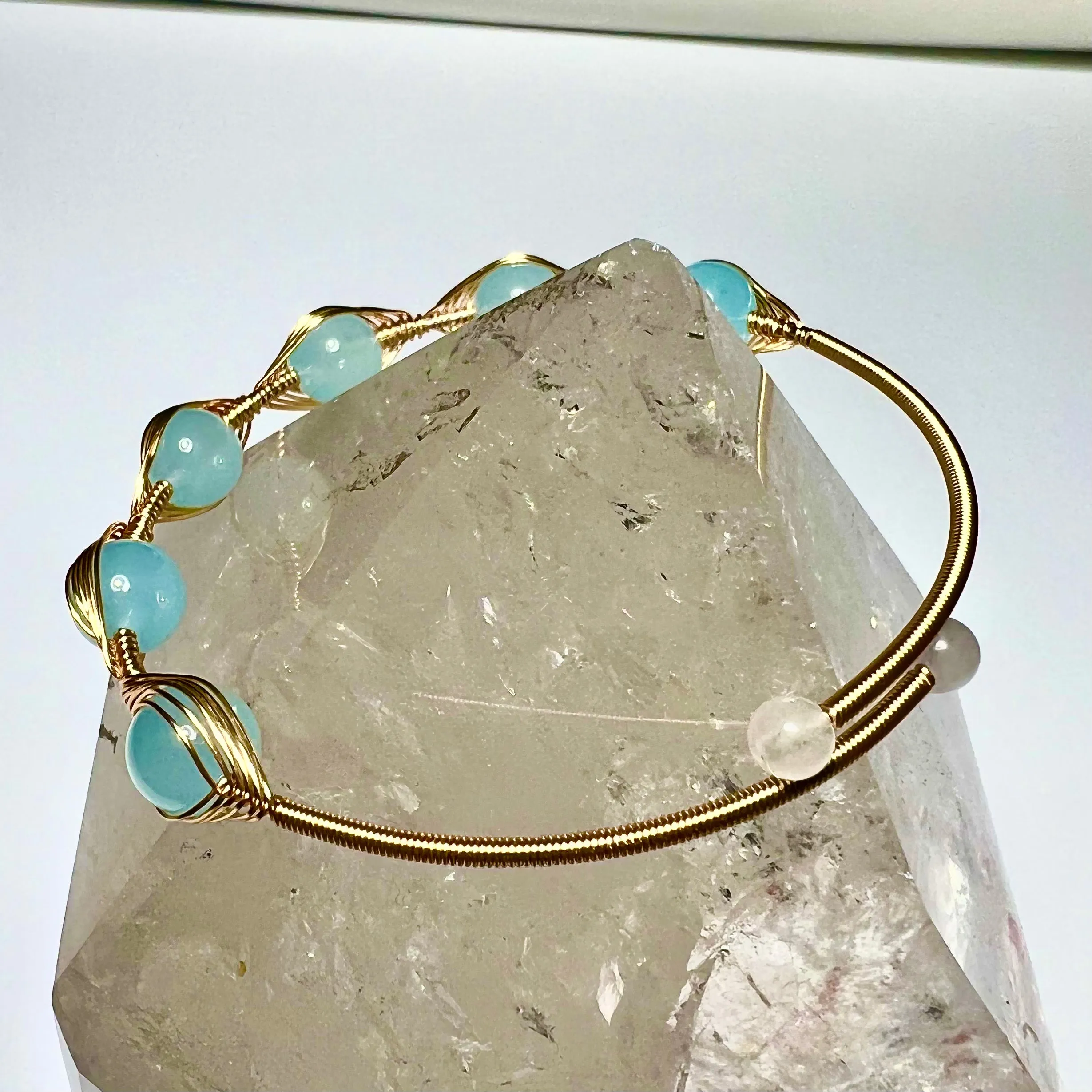 14K Wire Wrapped Aquamarine Bead Cuff Bangle Bracelet