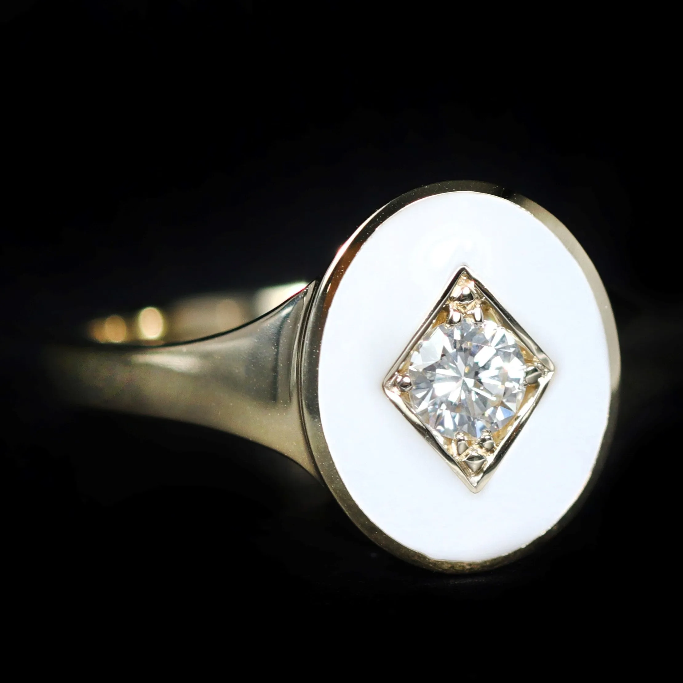 14k Yellow Gold 0.19 Carat Diamond and Enamel Signet Ring