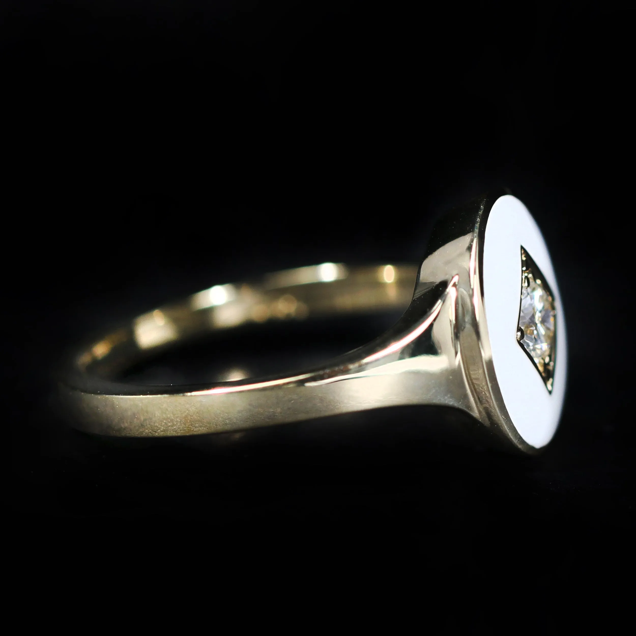 14k Yellow Gold 0.19 Carat Diamond and Enamel Signet Ring