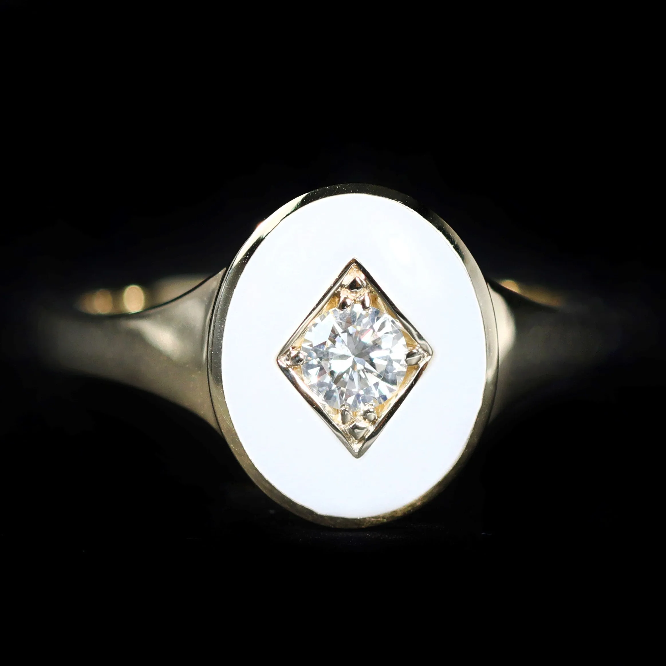 14k Yellow Gold 0.19 Carat Diamond and Enamel Signet Ring