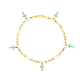 14K Yellow Gold Lt.Turquoise Crosses on 6 1 Rolo Chain Bracelet