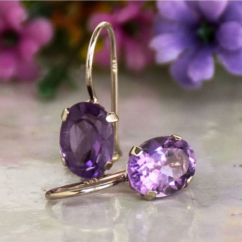 14K Yellow Gold Oval Purple Amethyst 6X8mm Dangle Earrings