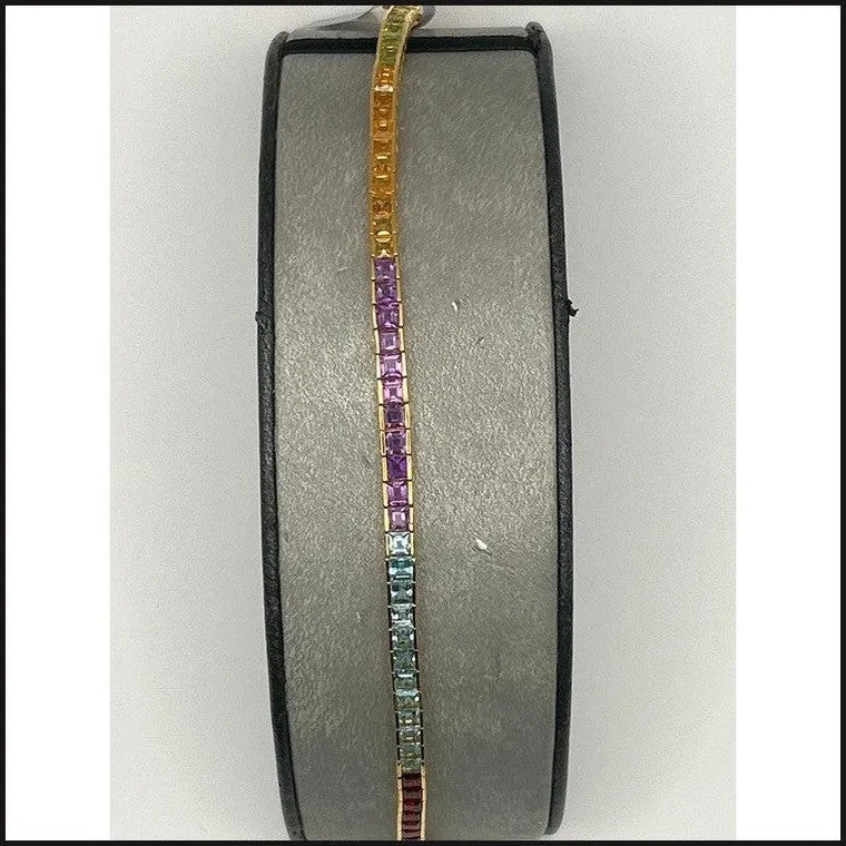 14ky square cut multi-color gemstone tennis bracelet 9.4g