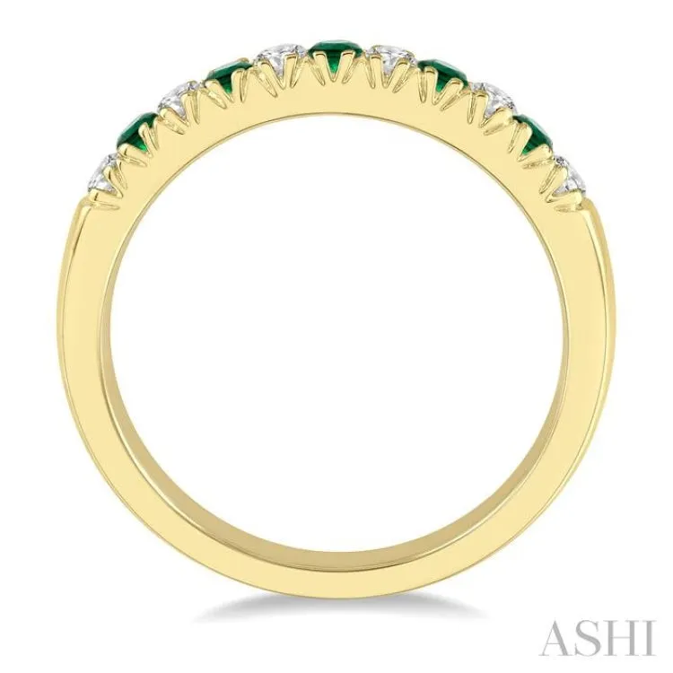 1/5 ctw Round Cut Diamond and 2MM Emerald Precious Wedding Band in 14K Yellow Gold