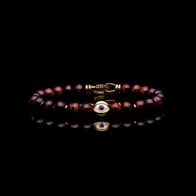 18k Gold Evil Eye Bracelet | Red Tiger Eye Beaded Bracelet In Laurel Clasp