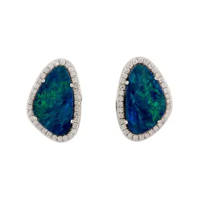 18K White Gold Prong Opal Doublet Natural Diamond Stud Earrings For Sale