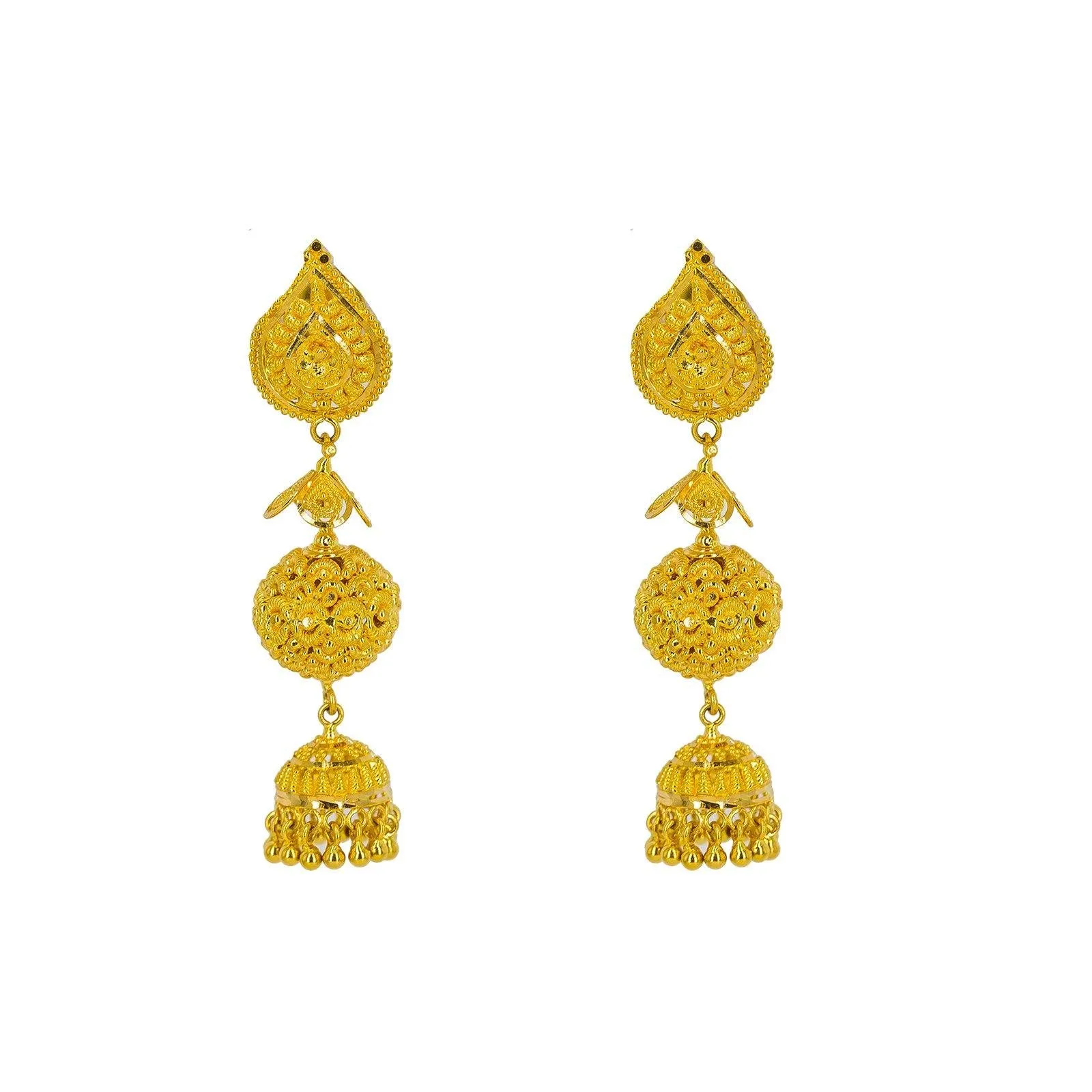 22K Yellow Gold Necklace & Jhumki Drop Earrings Set W/ Gold Balls & Cap Accents