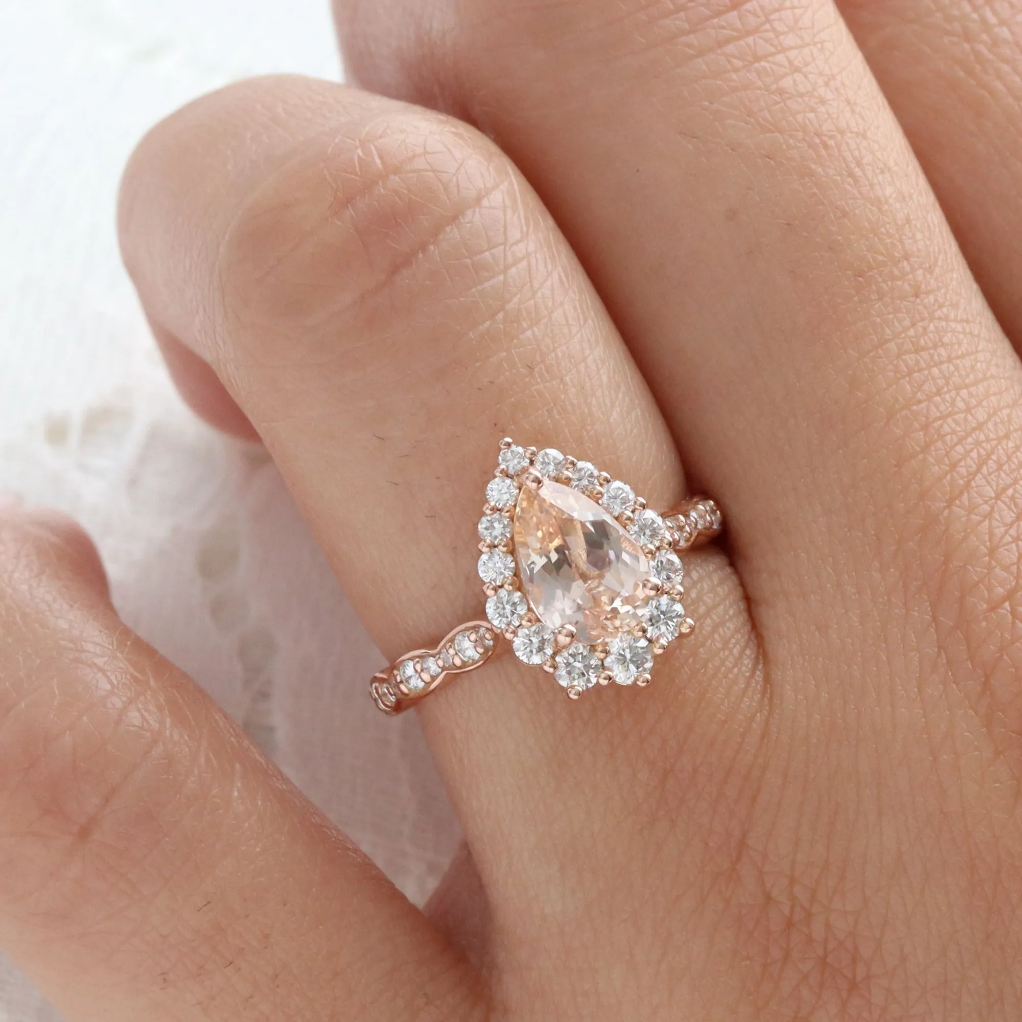 2.44 Ct Pear Peach Sapphire Ring in 14k Rose Gold Tiara Halo Diamond, Size 6.25