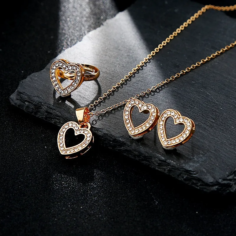 5 Pcs Set Hollow Heart Jewelry Set Gold Color Crystal Crown Party Anniversary Wedding Necklace Earrings Bangle Ring Set