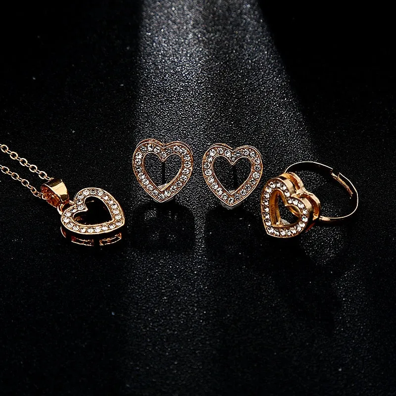 5 Pcs Set Hollow Heart Jewelry Set Gold Color Crystal Crown Party Anniversary Wedding Necklace Earrings Bangle Ring Set