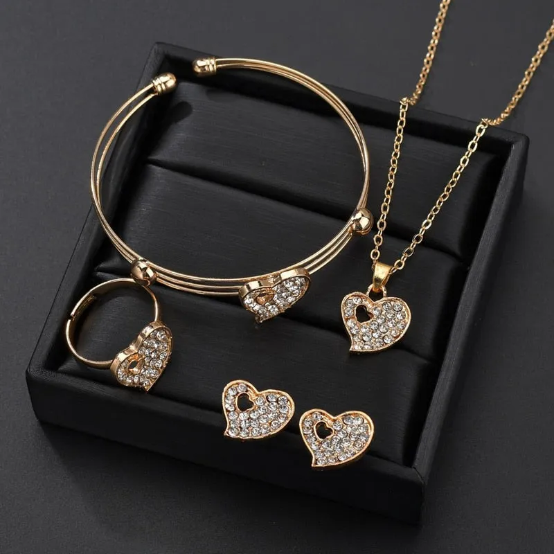 5 Pcs Set Hollow Heart Jewelry Set Gold Color Crystal Crown Party Anniversary Wedding Necklace Earrings Bangle Ring Set