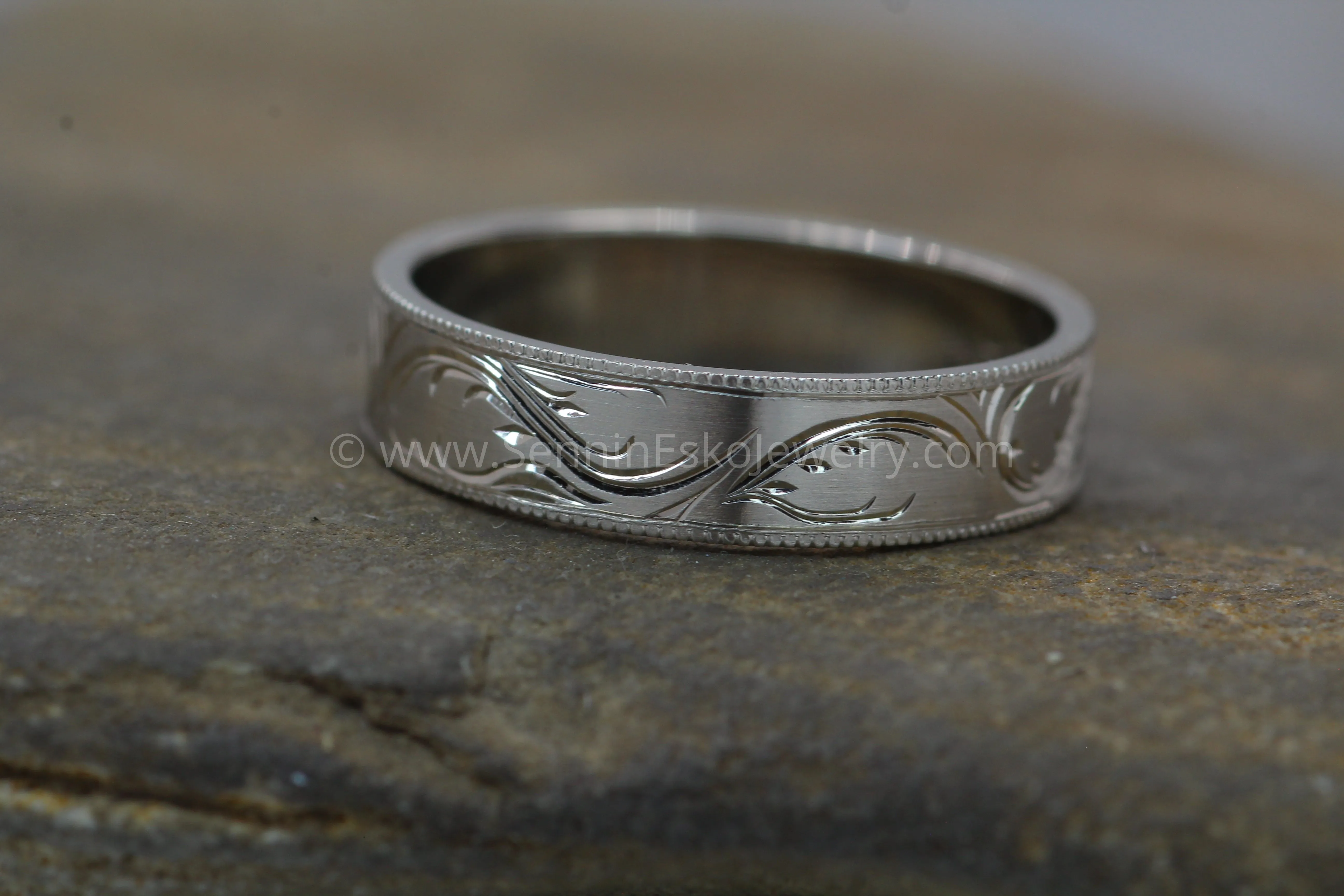 5x1mm Branches and Leaves Variation 2 14kt White Gold Bright Cut Engraved Band