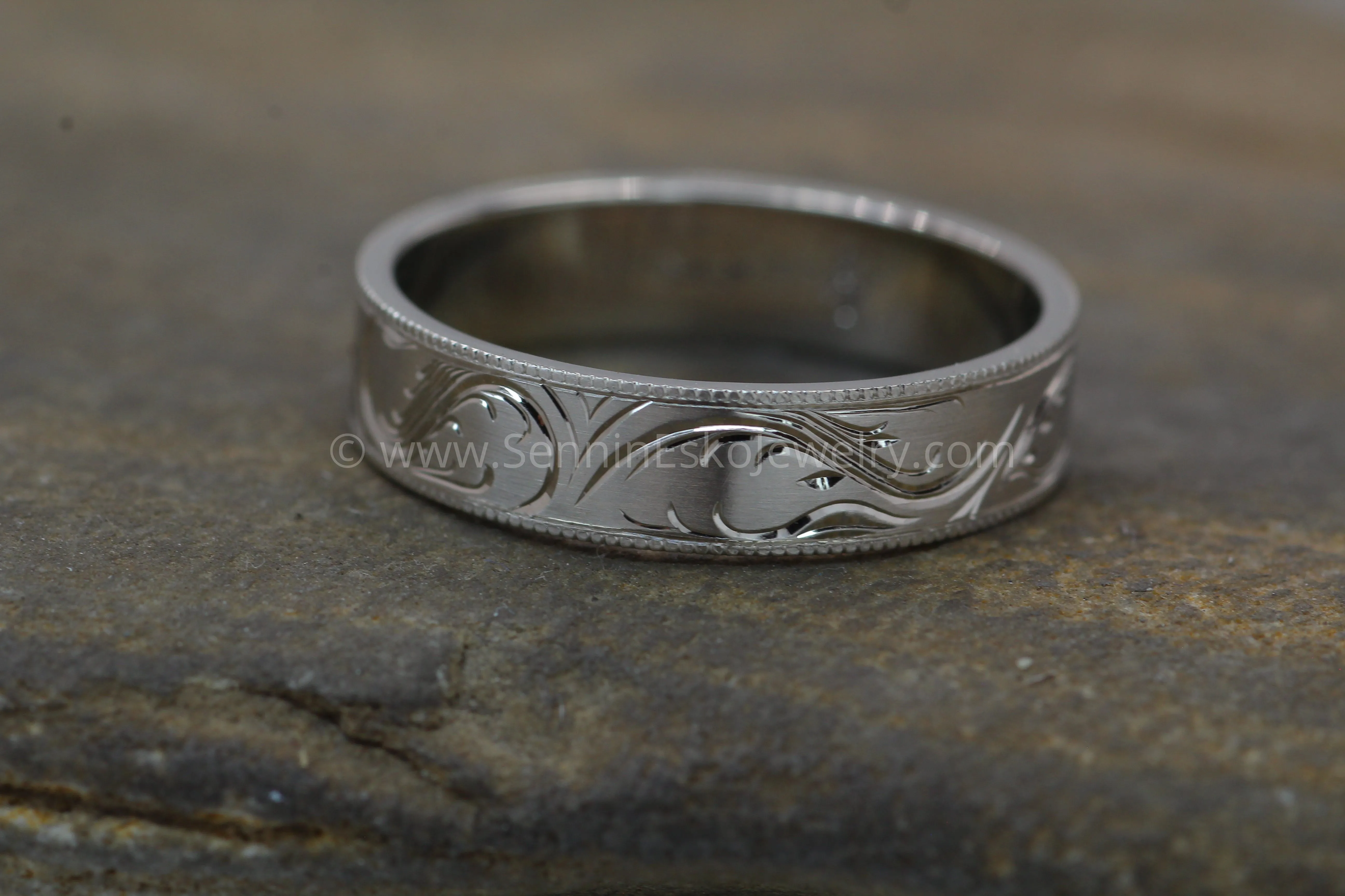 5x1mm Branches and Leaves Variation 2 14kt White Gold Bright Cut Engraved Band