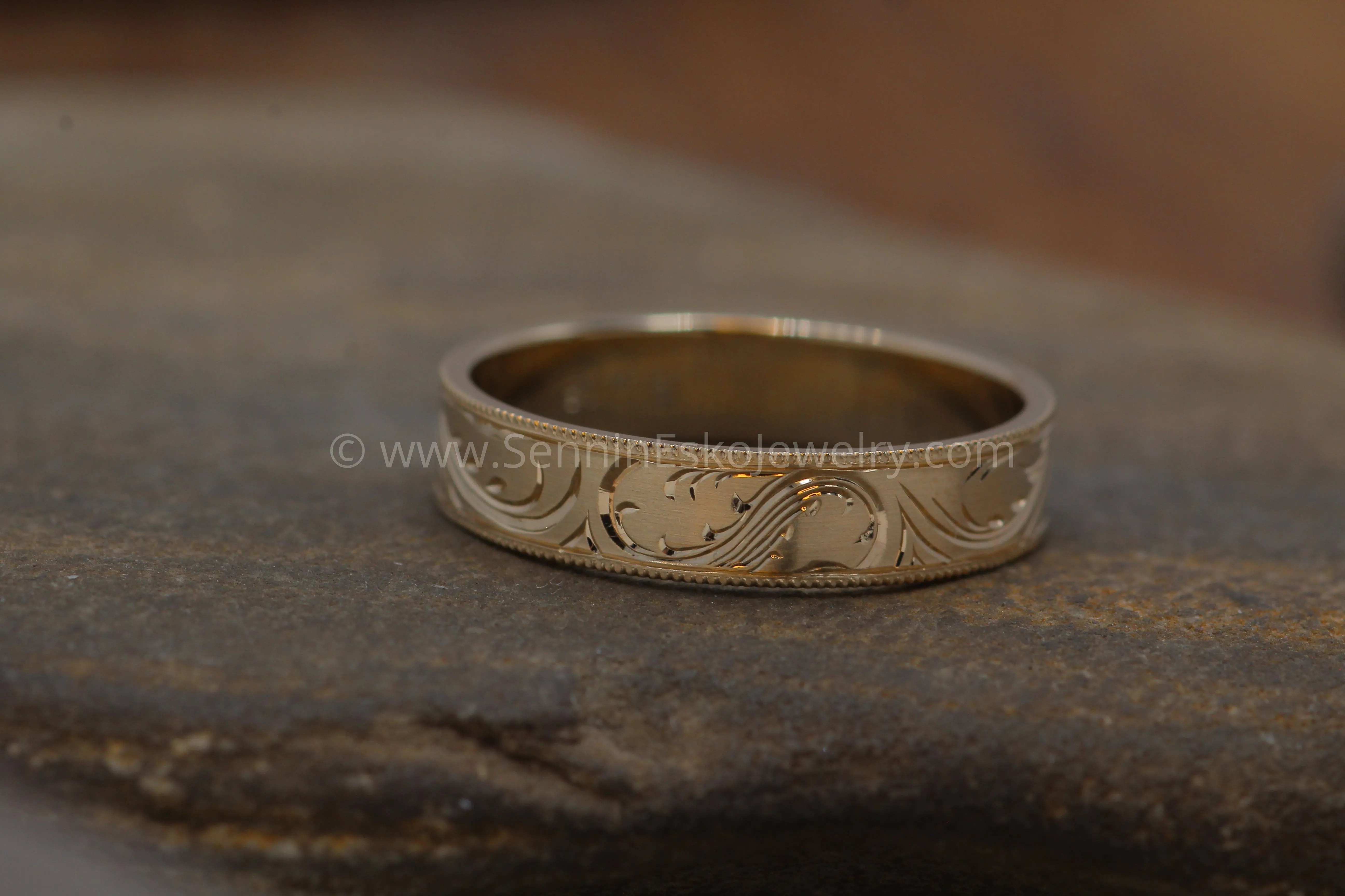 5x1mm Branches and Leaves Variation 2 14kt White Gold Bright Cut Engraved Band