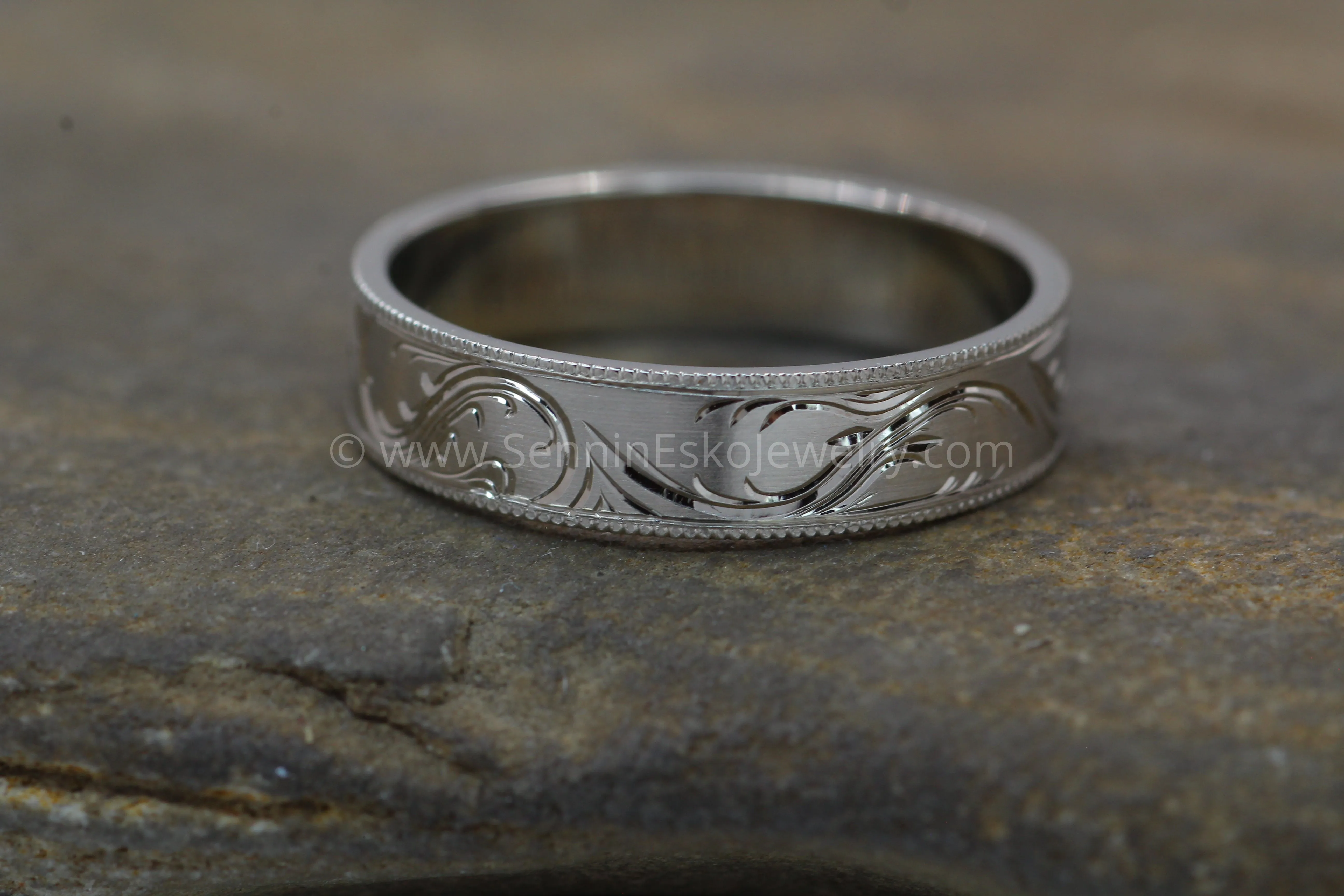 5x1mm Branches and Leaves Variation 2 14kt White Gold Bright Cut Engraved Band