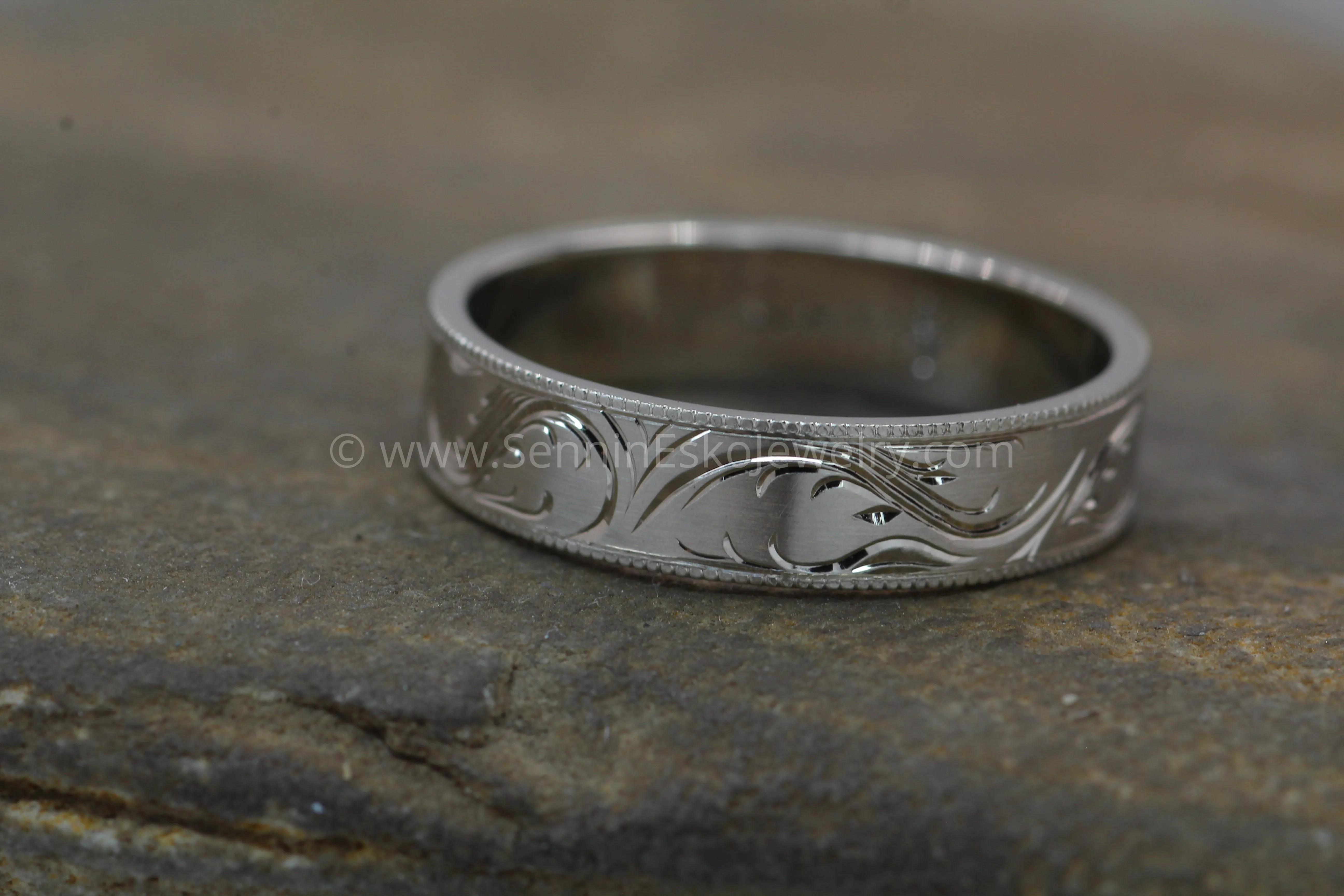 5x1mm Branches and Leaves Variation 2 14kt White Gold Bright Cut Engraved Band