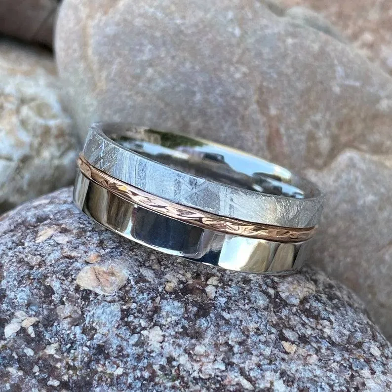 8mm Wide Gibeon Meteorite Ring ,Groom's Wedding Band w/ 14k Rose Gold Inlay