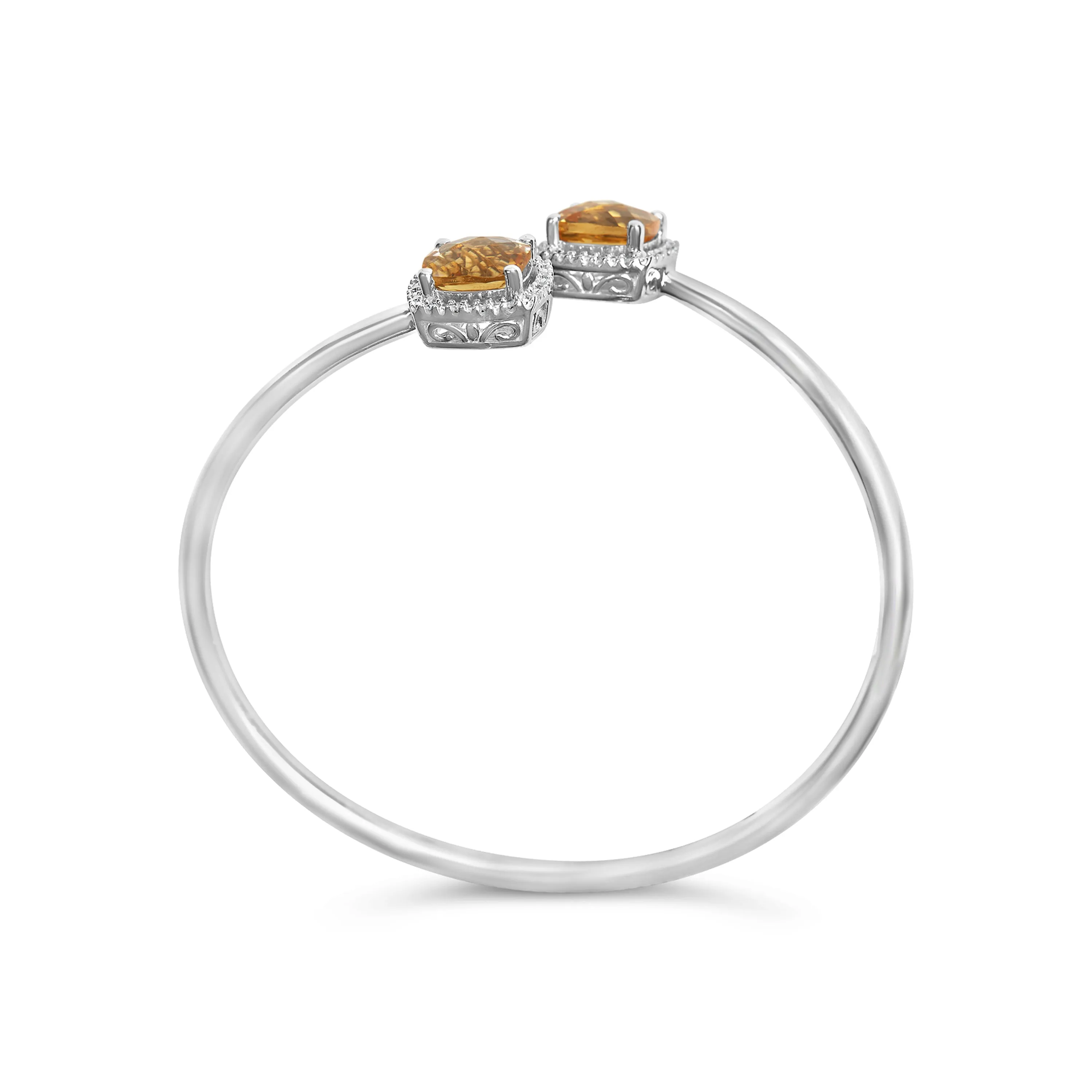 .925 Sterling Silver 8mm Cushion Cut Yellow Citrine Gemstone and Diamond Accent Split Bypass Bangle Bracelet