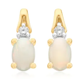 9ct Yellow Gold Oval Cut 6x4mm Opal & Diamond Stud Earrings