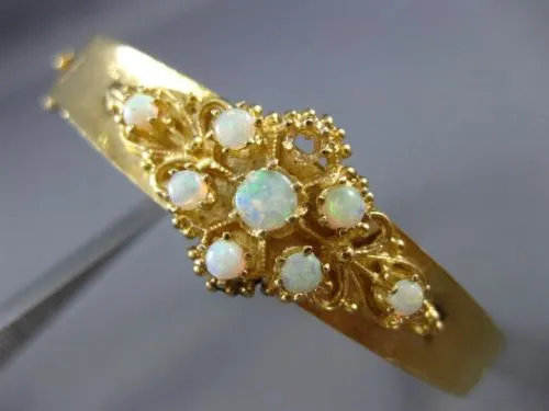 ANTIQUE AAA OPAL 14KT YELLOW GOLD 3D FILIGREE FLOWER BANGLE BRACELET #19984