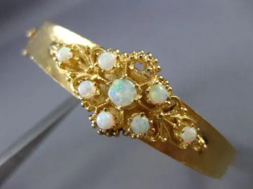 ANTIQUE AAA OPAL 14KT YELLOW GOLD 3D FILIGREE FLOWER BANGLE BRACELET #19984