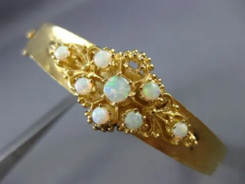 ANTIQUE AAA OPAL 14KT YELLOW GOLD 3D FILIGREE FLOWER BANGLE BRACELET #19984