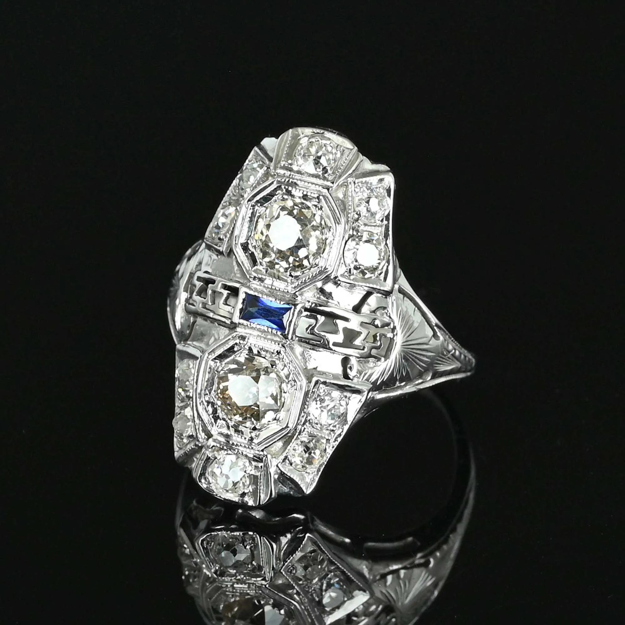 Antique Art Deco Sapphire Diamond Ring in 18K White Gold