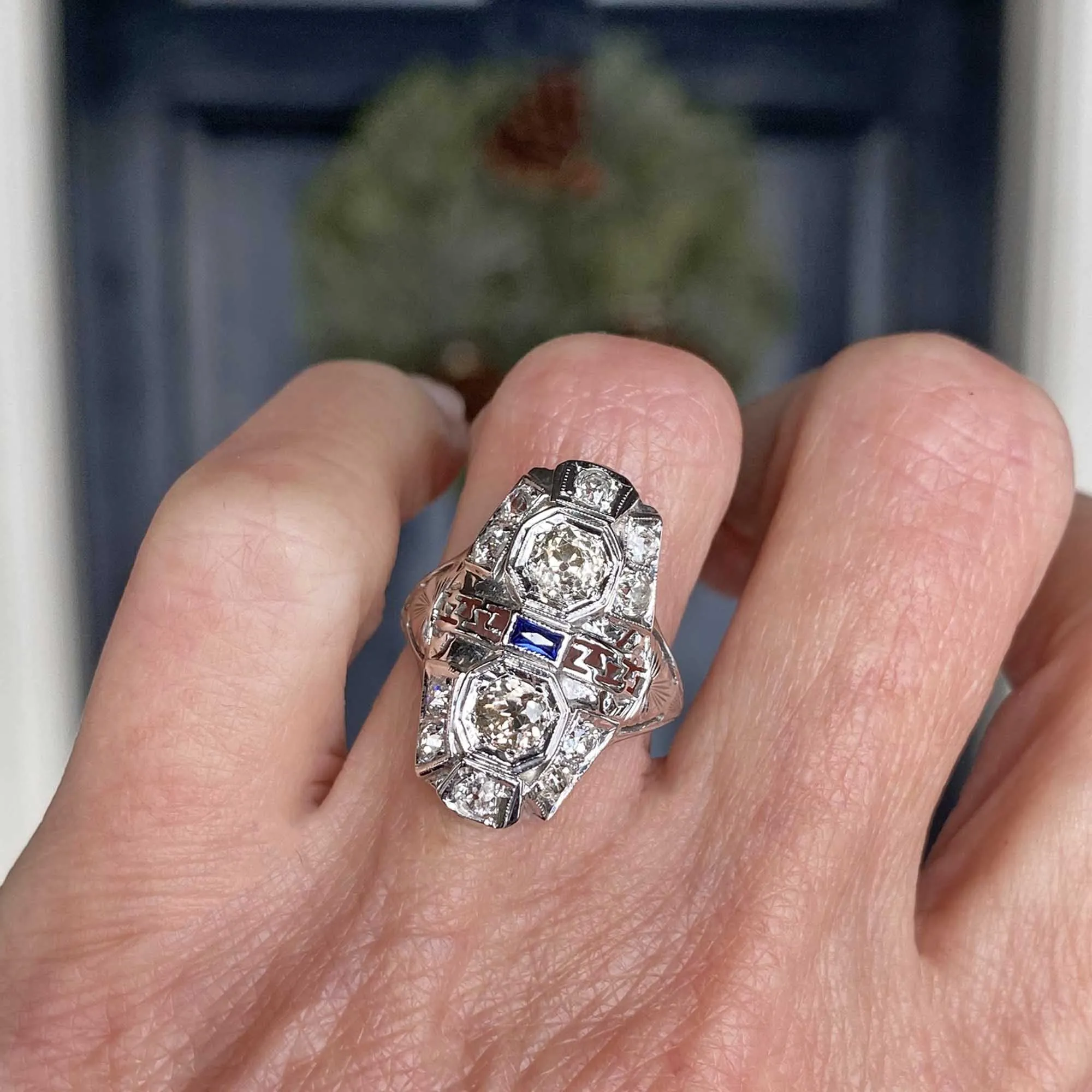 Antique Art Deco Sapphire Diamond Ring in 18K White Gold