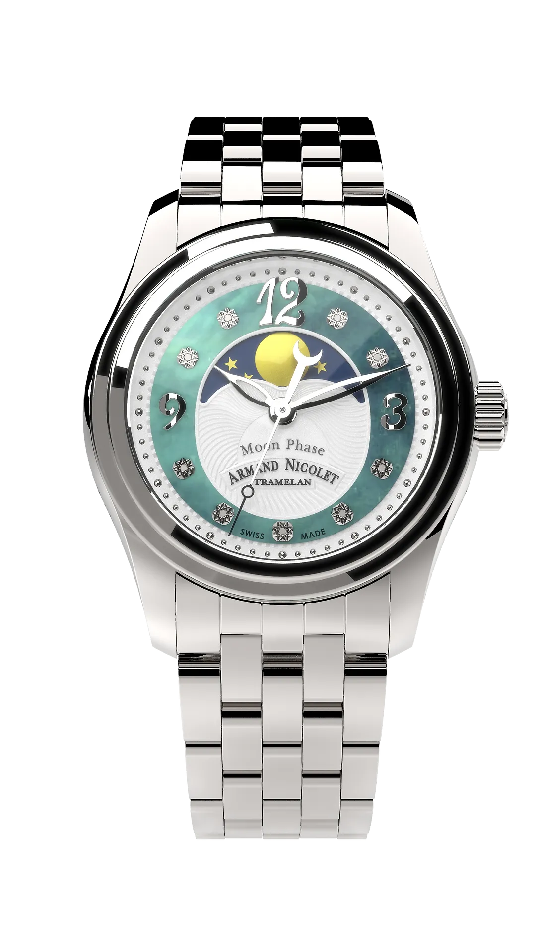 Armand Nicolet Ladies Watch M03 Moonphase 34mm Silver Green A151QAA-AV-MA150