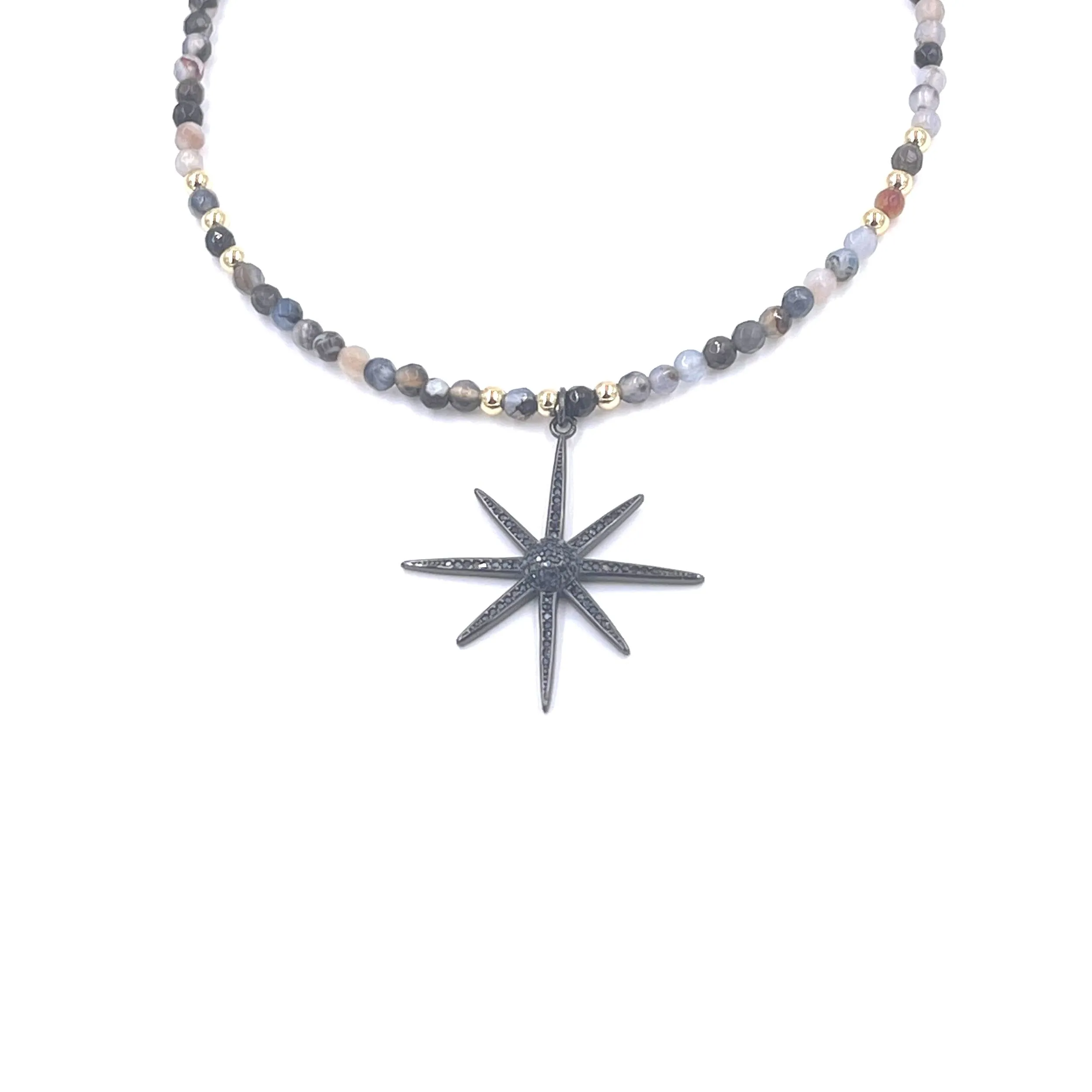 Ashley Gold Semi Precious Beaded With Stainless Steel CZ Starburst Charm Necklace