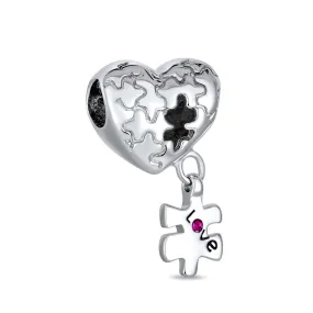 Autism Awareness Puzzle Piece Heart Love Charm Bead Sterling Silver