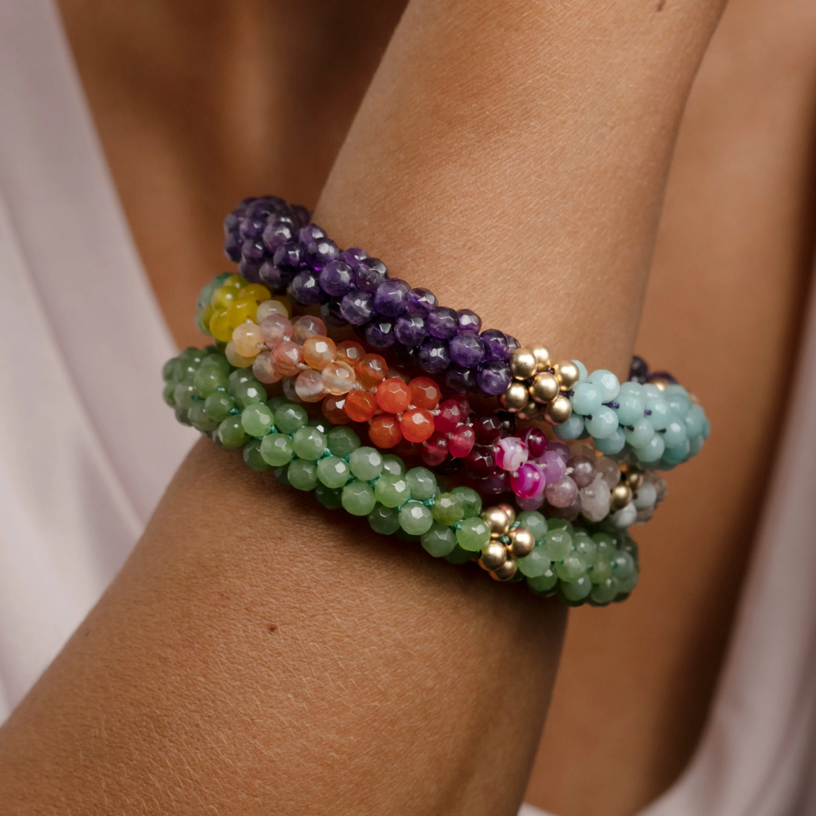 Beaded Gemstone Bracelet: Amethyst, Aquamarine and Gold