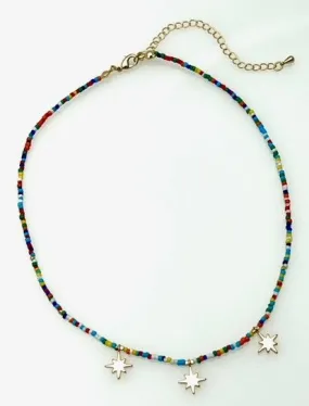 Beaded Necklace with Multiple Star Pendant - Multi colors