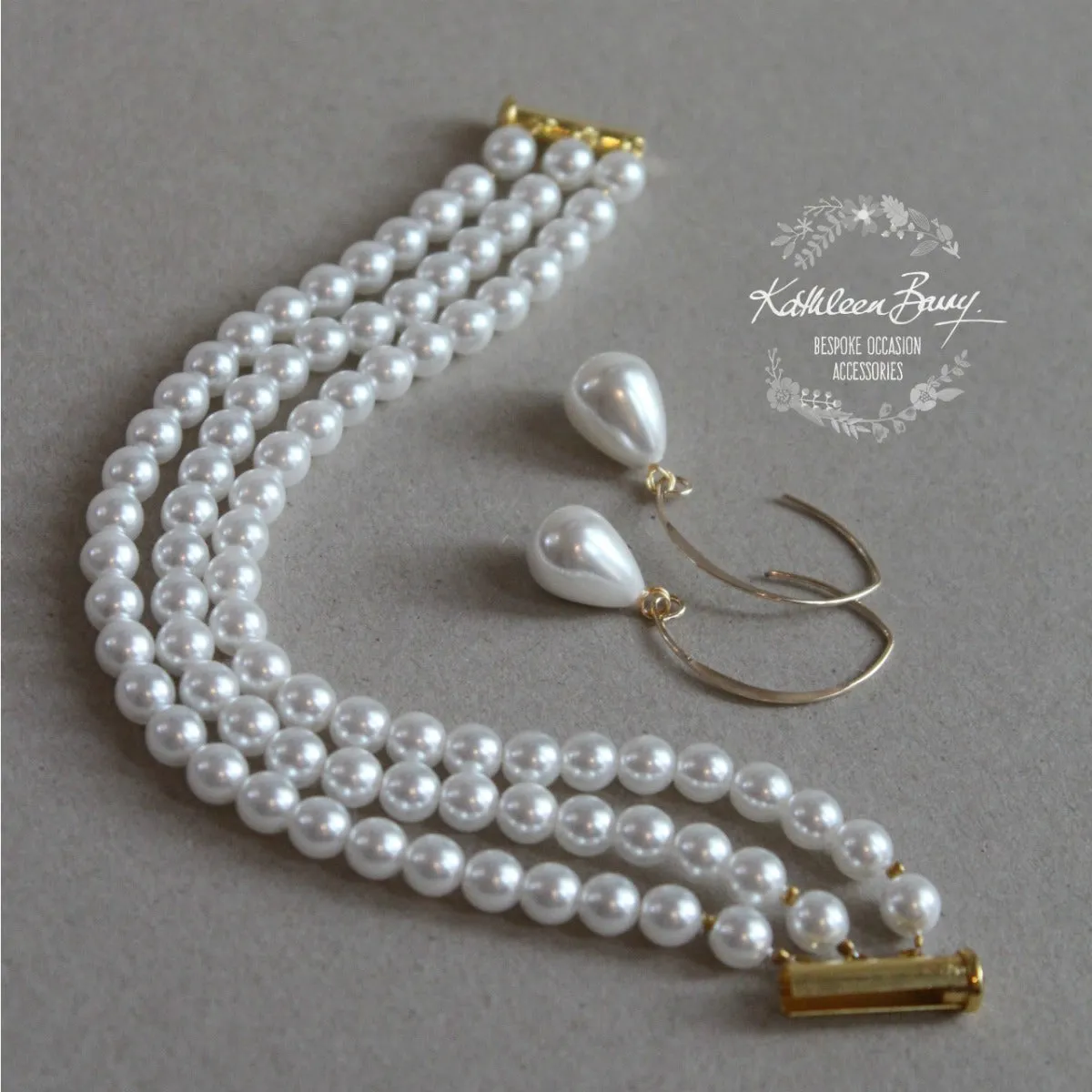 Belinda triple strand pearl bracelet - Options pearl & clasp colors Czech pearls