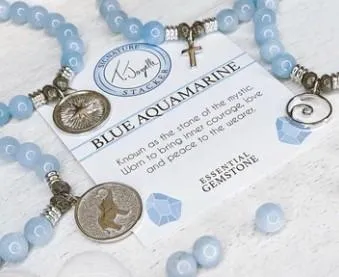 Blue Aquamarine Stone Bracelet with Compass Sterling Silver Charm